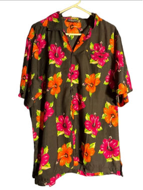 Men's Pacific & Co Black Orange Pink Floral Casual Button Down Shirt M Hawaiian